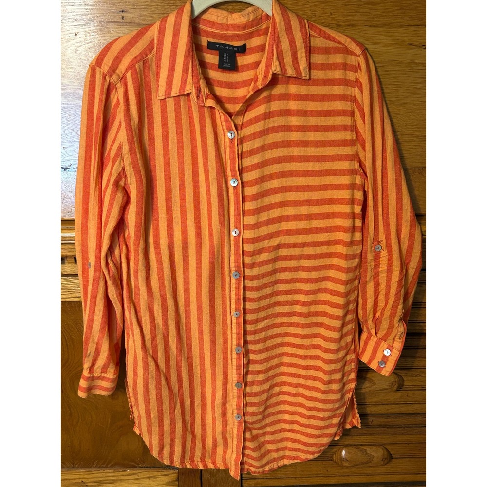 Tahari Old Money Linen Blend Striped Button Down Tunic Shirt Roll Tab Sleeve